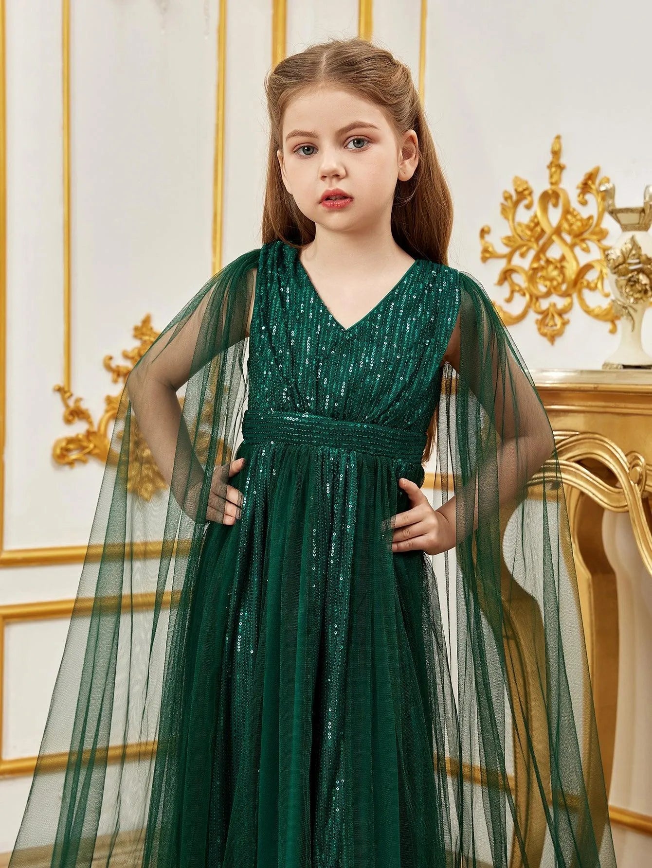 Additional product view of Contrast Mesh Cape-Sleeve V-Neck Sequin A-Line Tween Girls' Party Dress