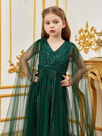 Additional product view of Contrast Mesh Cape-Sleeve V-Neck Sequin A-Line Tween Girls' Party Dress