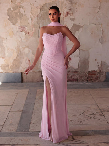 Alternate view of Lace-Up Back Strapless High-Slit Mermaid Sleeveless Evening Gown in Pink