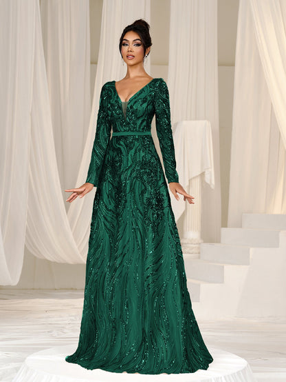 Elegant Plunging Neck Lace-up Back Graphic Sequin Formal Prom Dress