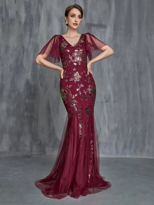 V-Neck Short-Sleeve Mermaid Sequin Maxi Mother-of-the-Bride Dress in Burgundy