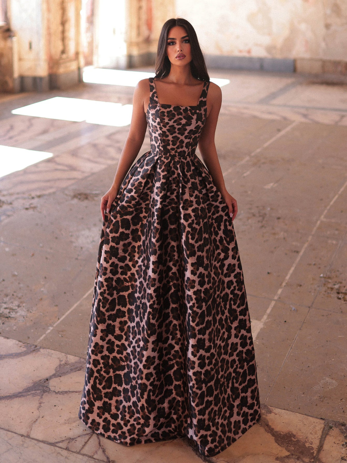 Square-Neck Satin A-Line Sleeveless Maxi Evening Gown in Brown