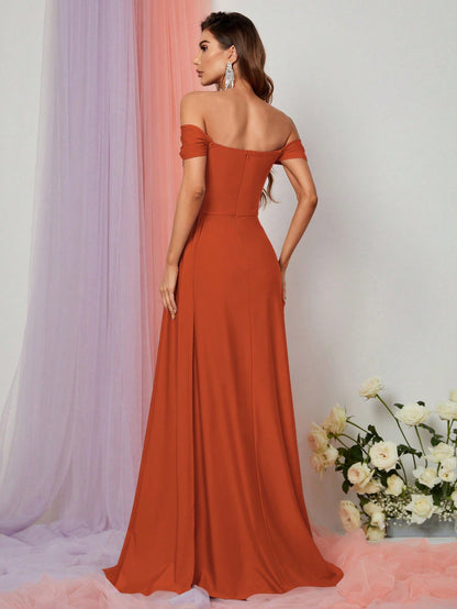 Additional product view of Draped Side High-Slit Off-Shoulder Knit Mermaid Evening Gown