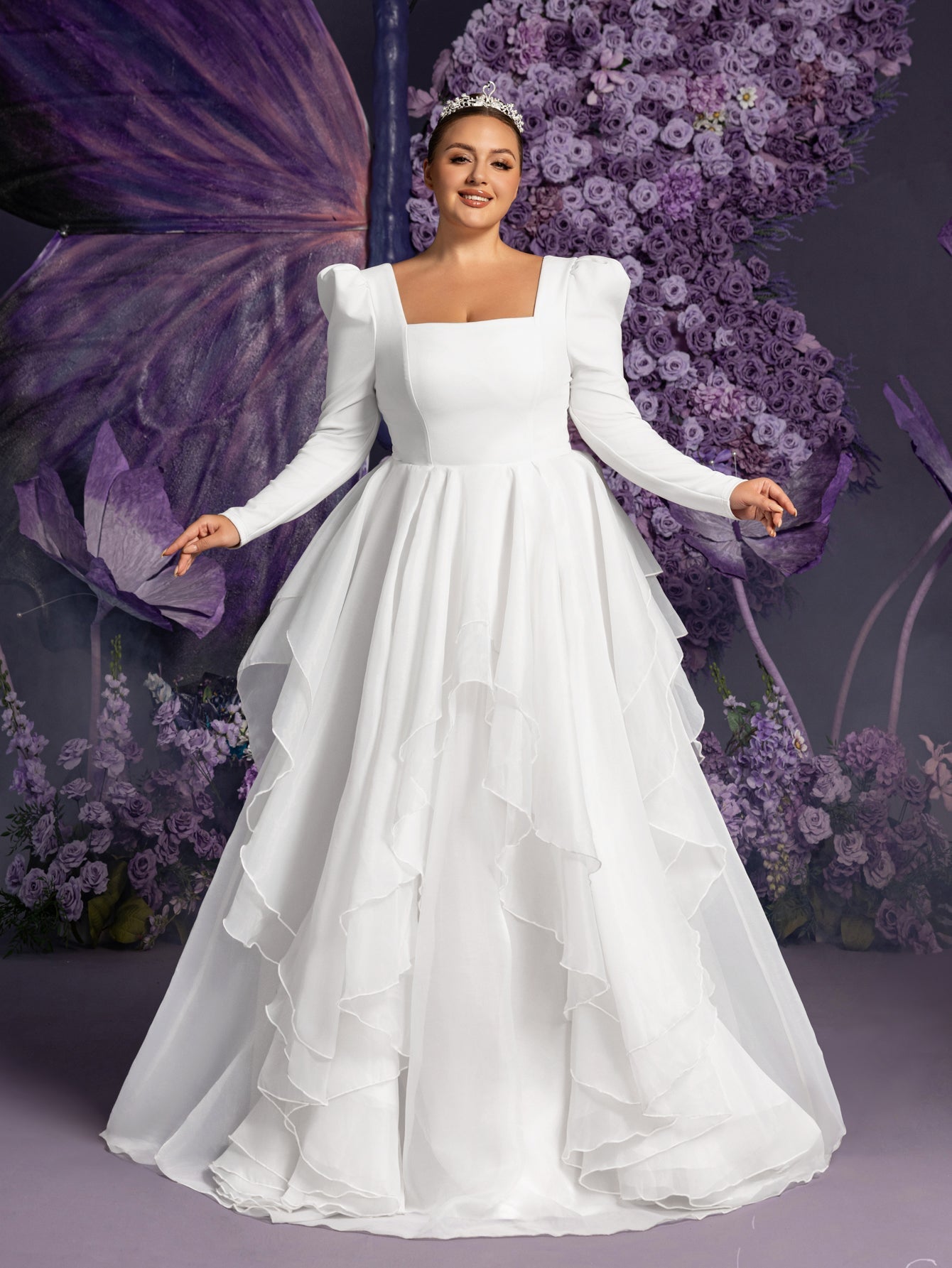 Plus-Size Square Neck Ruffle Long-Sleeve A-Line Wedding Gown — authorized product image 1