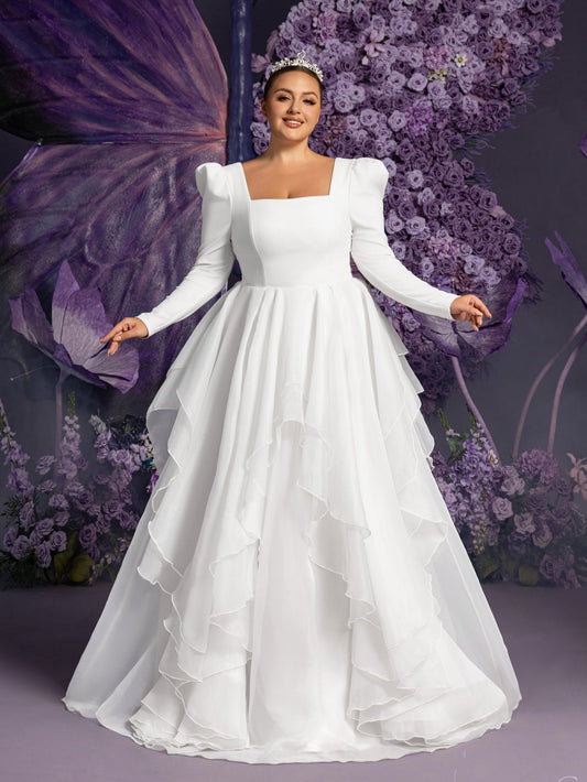Plus-Size Square Neck Ruffle Long-Sleeve A-Line Wedding Gown — authorized product image 1