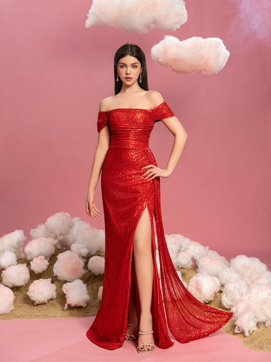 Draped Side Split Hem Off-Shoulder Sequin Sheath Teen Girls' Party Dress in Red