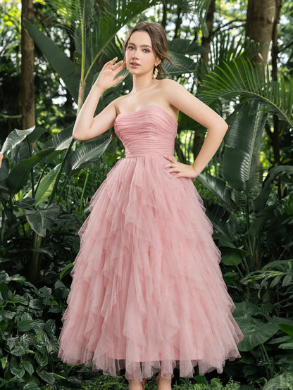 Additional product view of Strapless Tulle A-Line Sleeveless Midi Formal Dress
