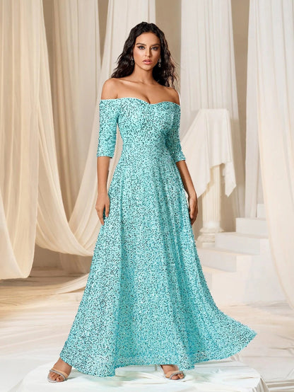 Off Shoulder 3/4 Sleeve Sequin A Line Dress