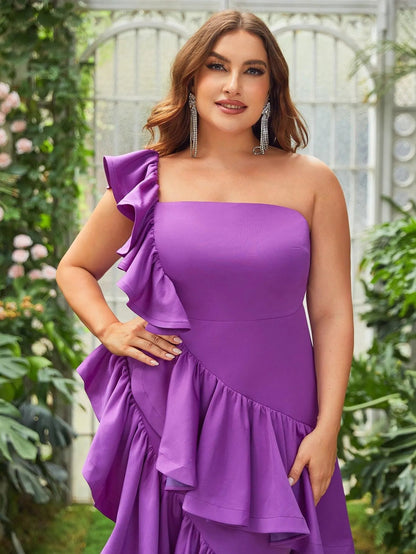 Additional product view of Layered Hem Ruffle Trim Plus-Size Knit A-Line Midi Formal Dress