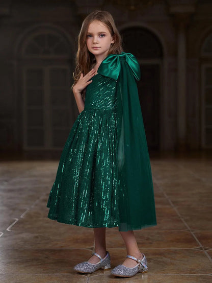 Additional product view of Draped Side Bow Detail One-Shoulder Sequin A-Line Tween Girls' Party Dress