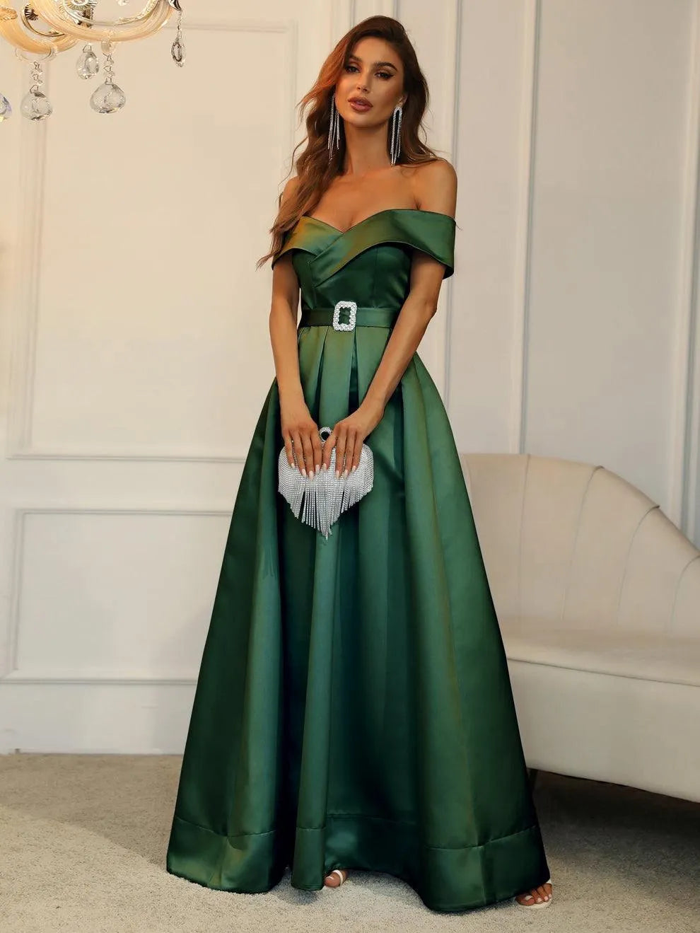 Additional product view of Belted Off-Shoulder Satin High-Slit A-Line Evening Gown
