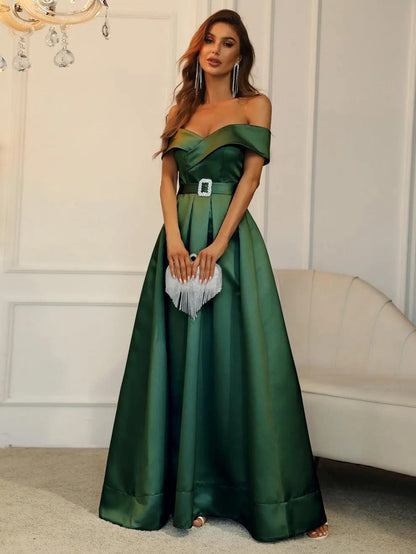 Additional product view of Belted Off-Shoulder Satin High-Slit A-Line Evening Gown