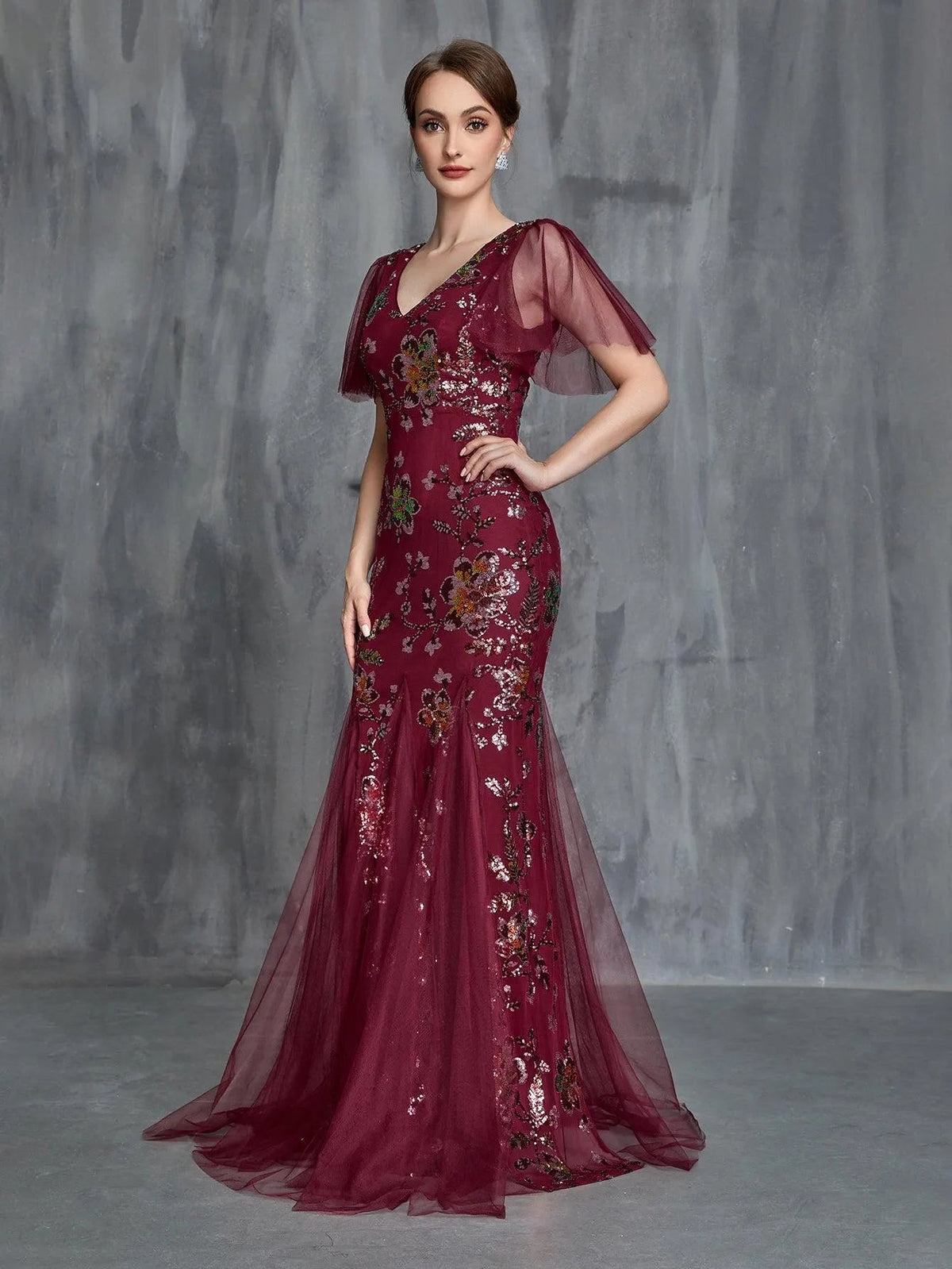 Additional product view of V-Neck Short-Sleeve Mermaid Sequin Maxi Mother-of-the-Bride Dress