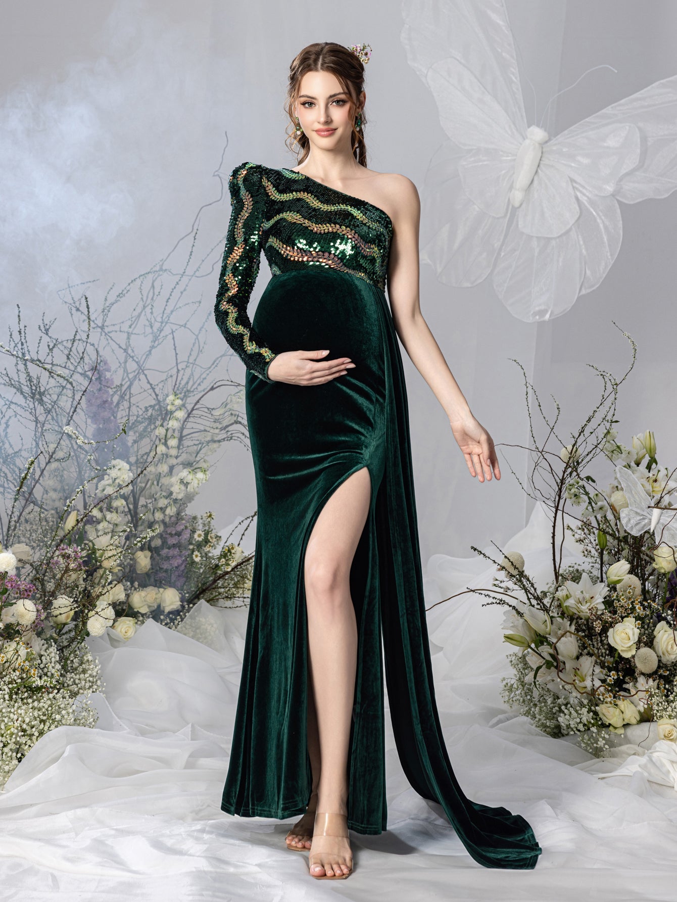 Maternity One-Shoulder Sequin Velvet Long-Sleeve Mermaid Evening Gown — authorized product image 1