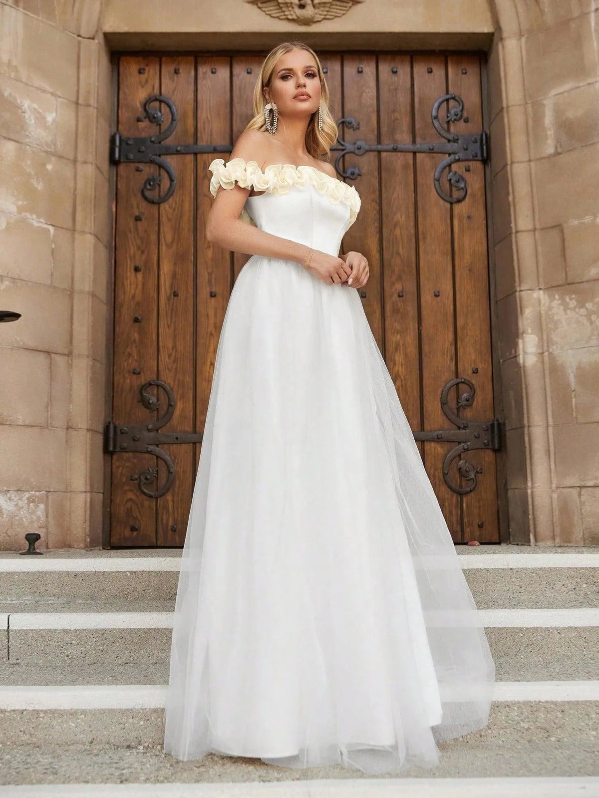 Off-Shoulder Satin Short-Sleeve A-Line Wedding Gown — authorized product image 4
