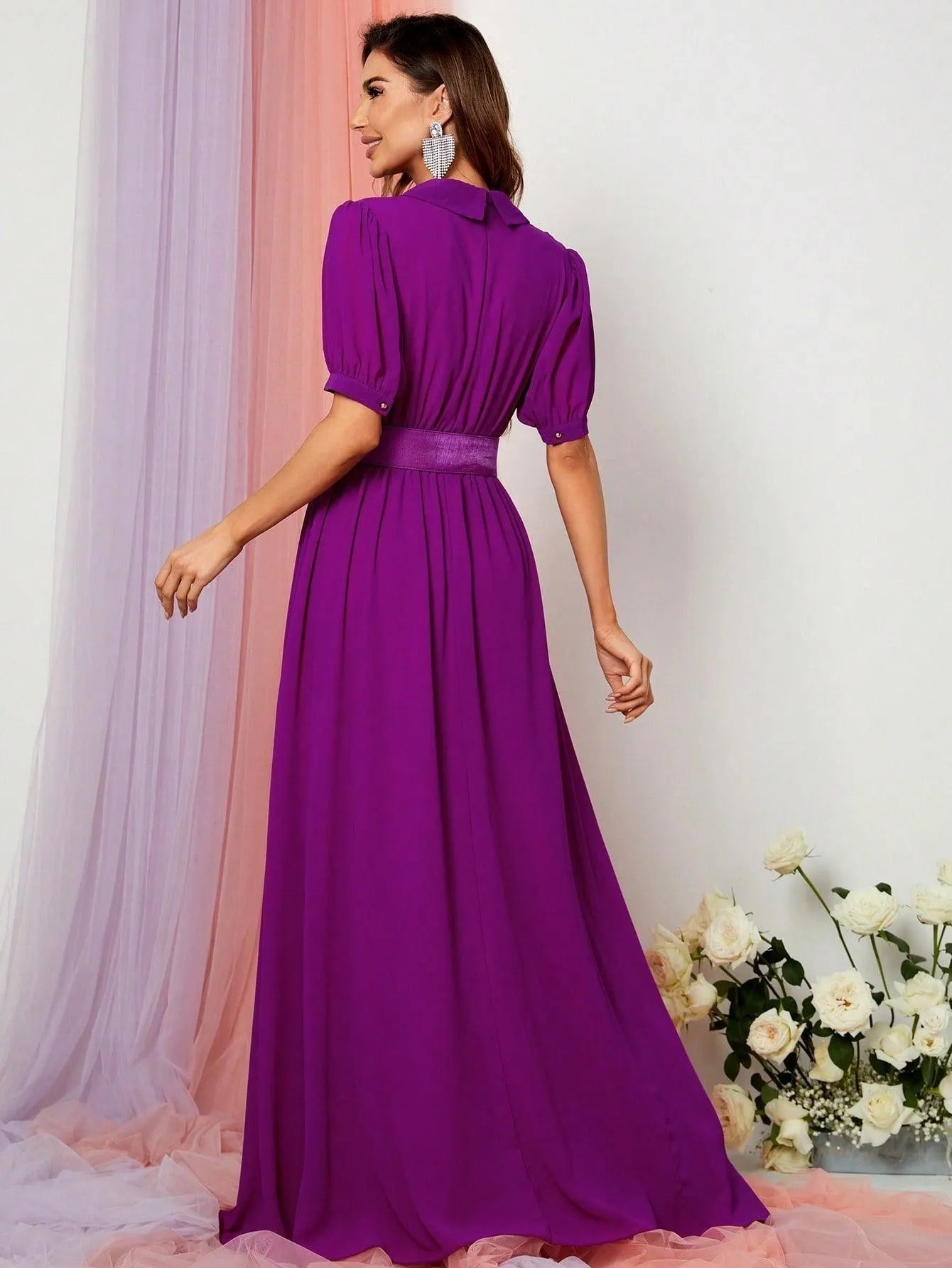 Additional product view of Deep V-Neck Puff-Sleeve Chiffon A-Line Maxi Evening Gown