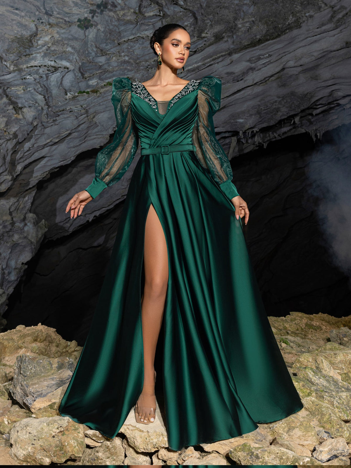 V-Neck Satin Puff-Sleeve A-Line Evening Gown — authorized product image 1