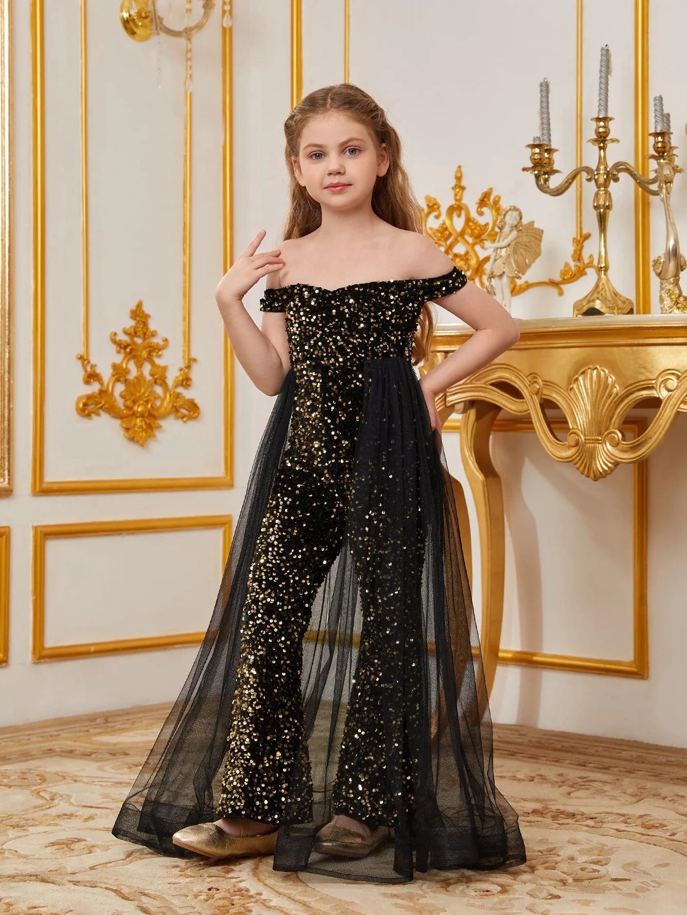 Additional product view of Mesh Overlay Off-Shoulder Sequin Short-Sleeve Tween Girls' Party Jumpsuit