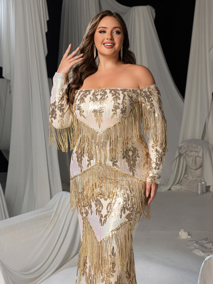 Plus Gorgeous Fringed Trim Off-Shoulder Mermaid Hem Sequin Formal Dress Evening Gown – view 6