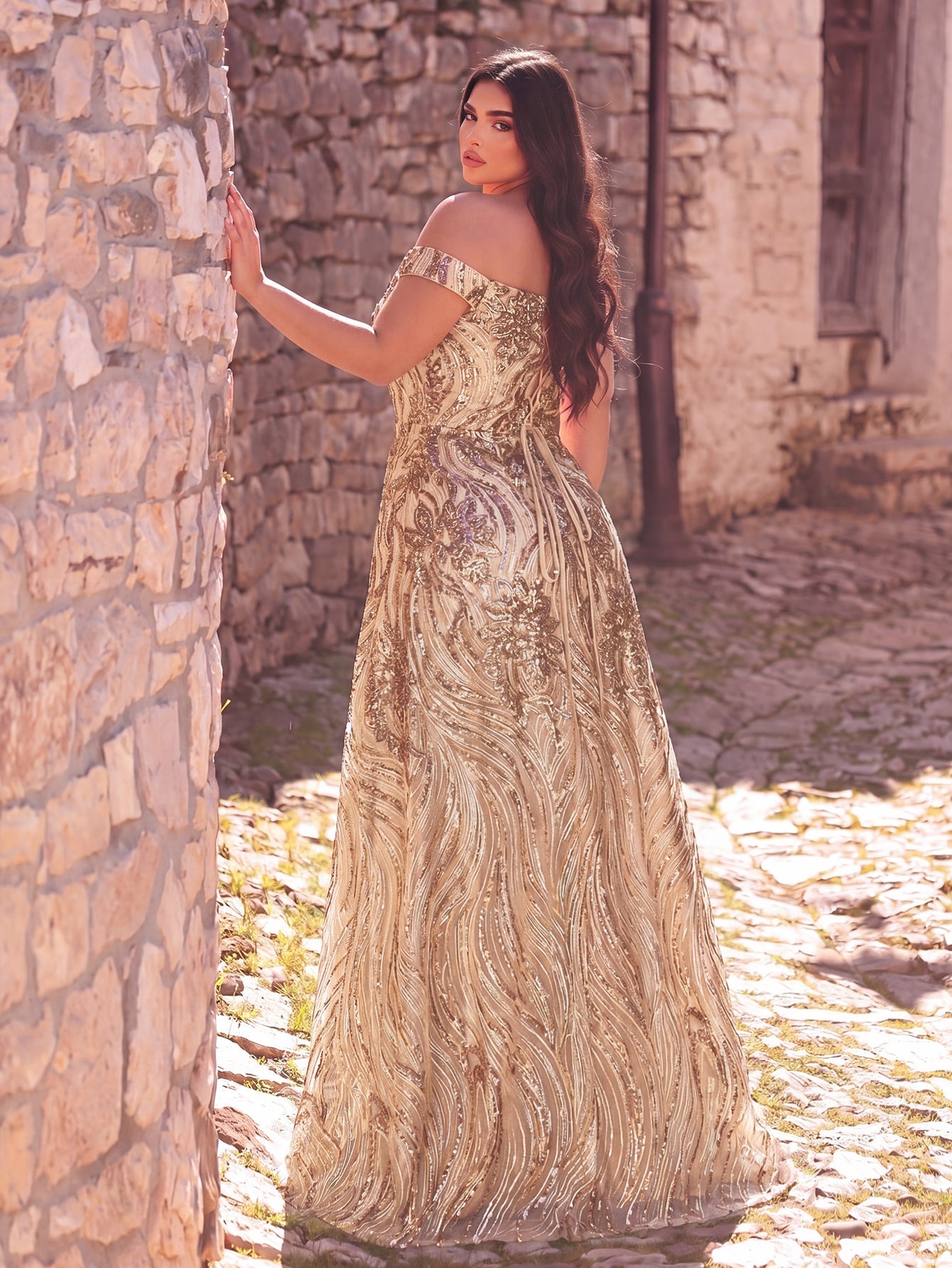 Plus-Size Off-Shoulder Graphic Sequin Formal Prom Evening Dress — authorized product image 2