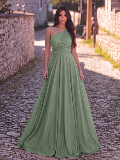 One-Shoulder Chiffon Sleeveless A-Line Evening Gown in Green