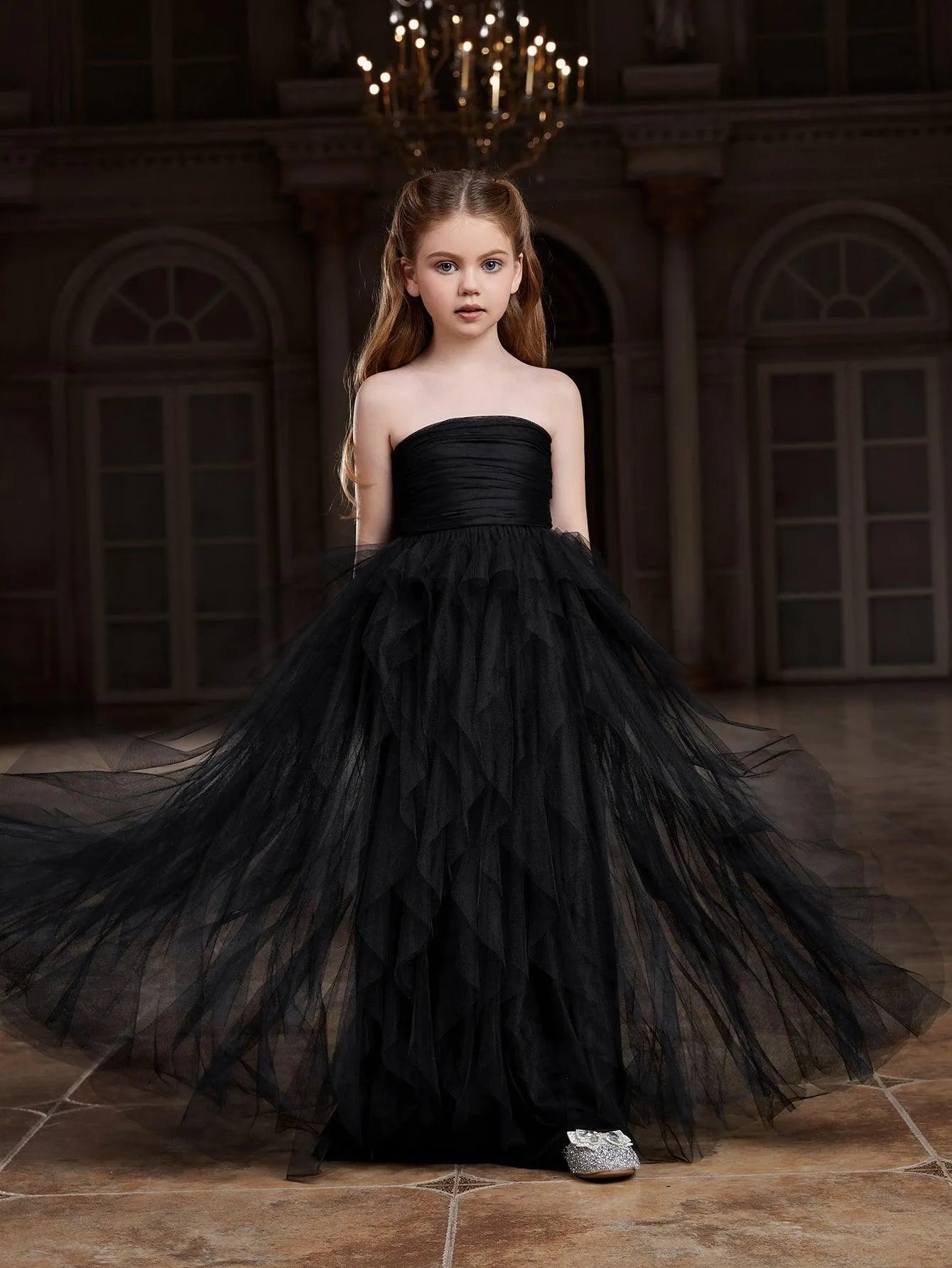 Additional product view of Layered Hem Strapless A-Line Sleeveless Mesh Tween Girls' Party Dress