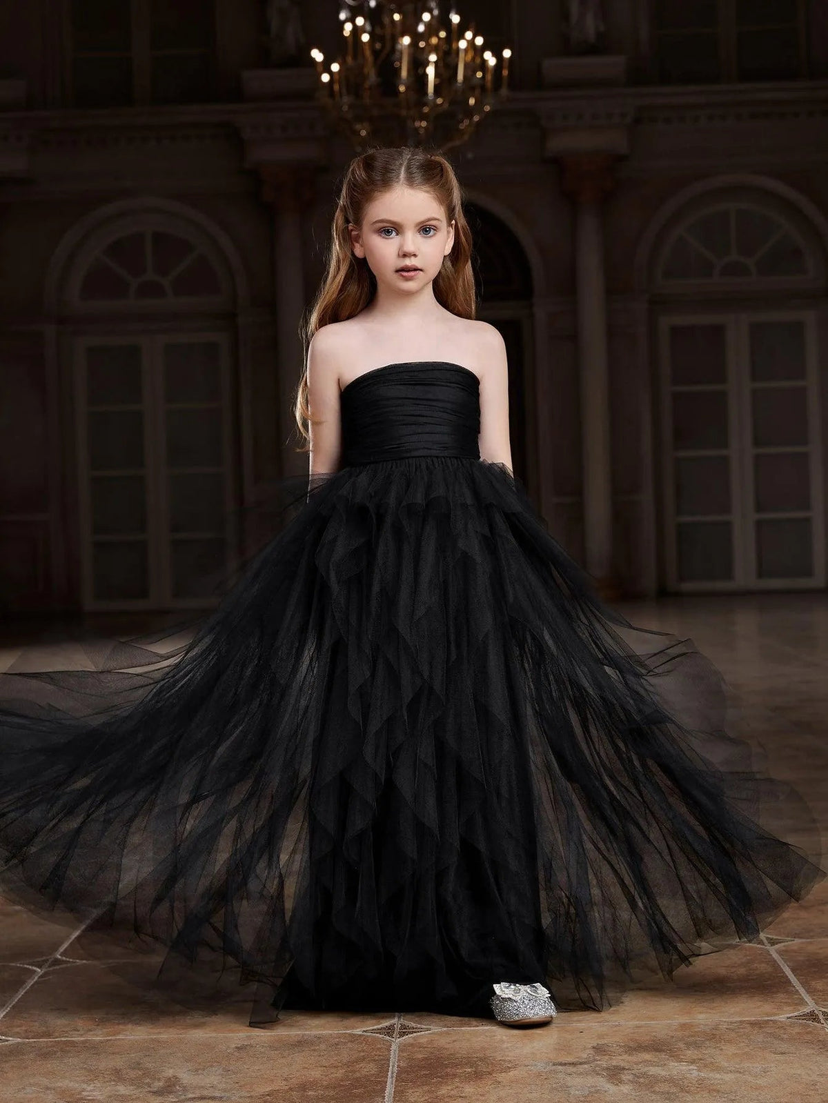 Additional product view of Layered Hem Strapless A-Line Sleeveless Mesh Tween Girls' Party Dress