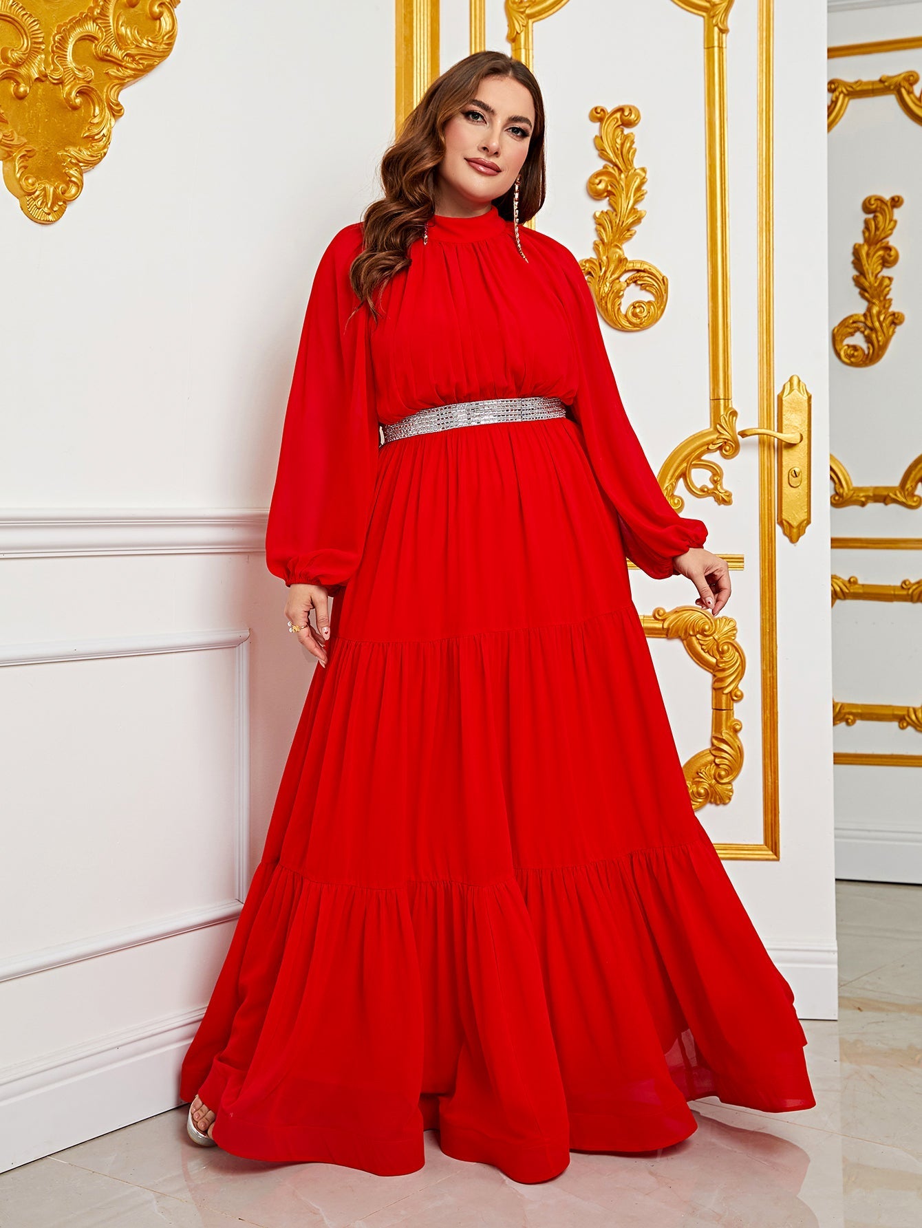 Plus Chiffon Mock Neck Evening Gown with Tiered Ruffles – Structured Maxi Dress for Gala Dinners, Awards Nights & Dramatic Events