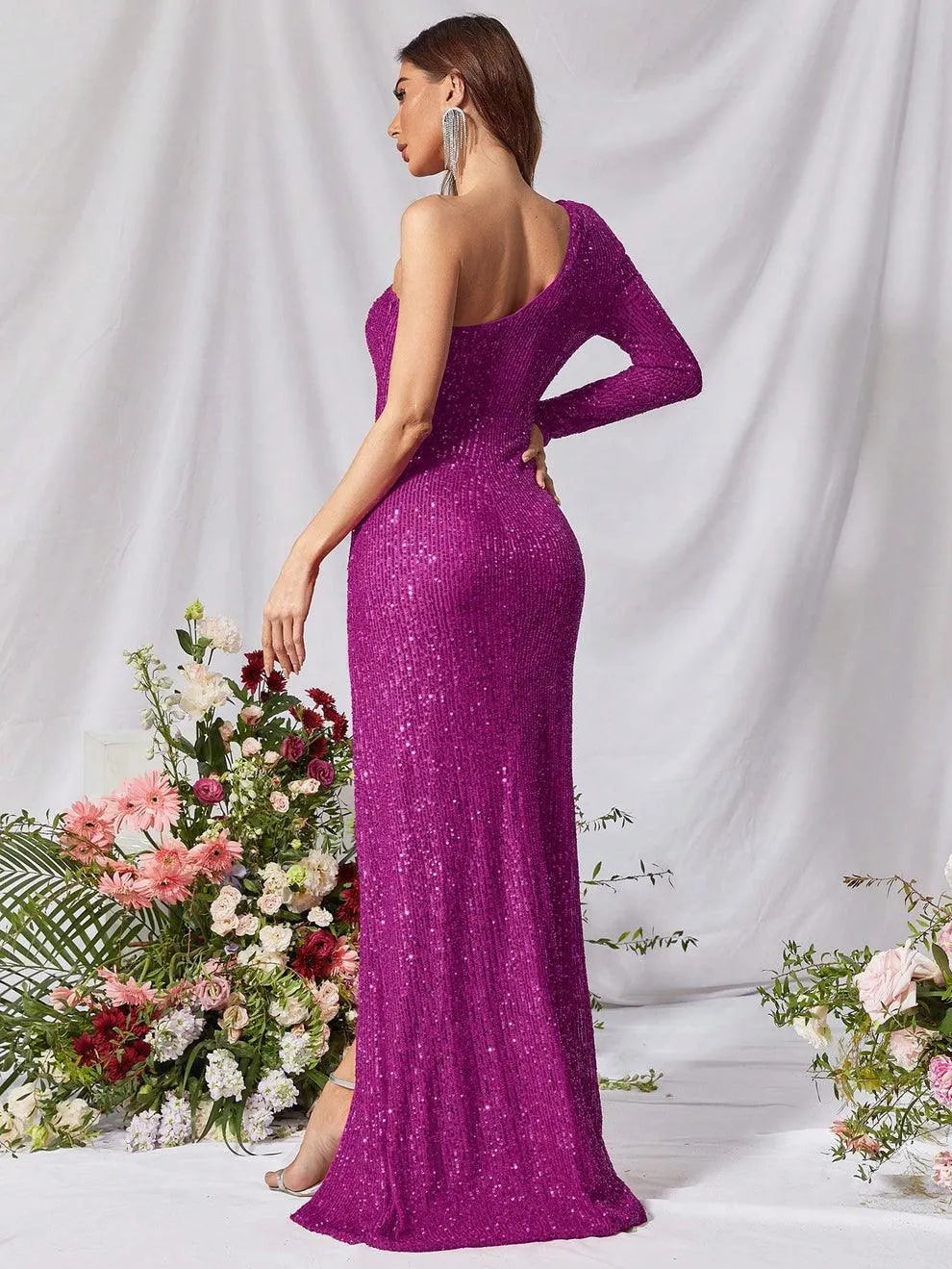 Additional product view of High-Slit One-Shoulder Sequin Sheath Maxi Evening Gown