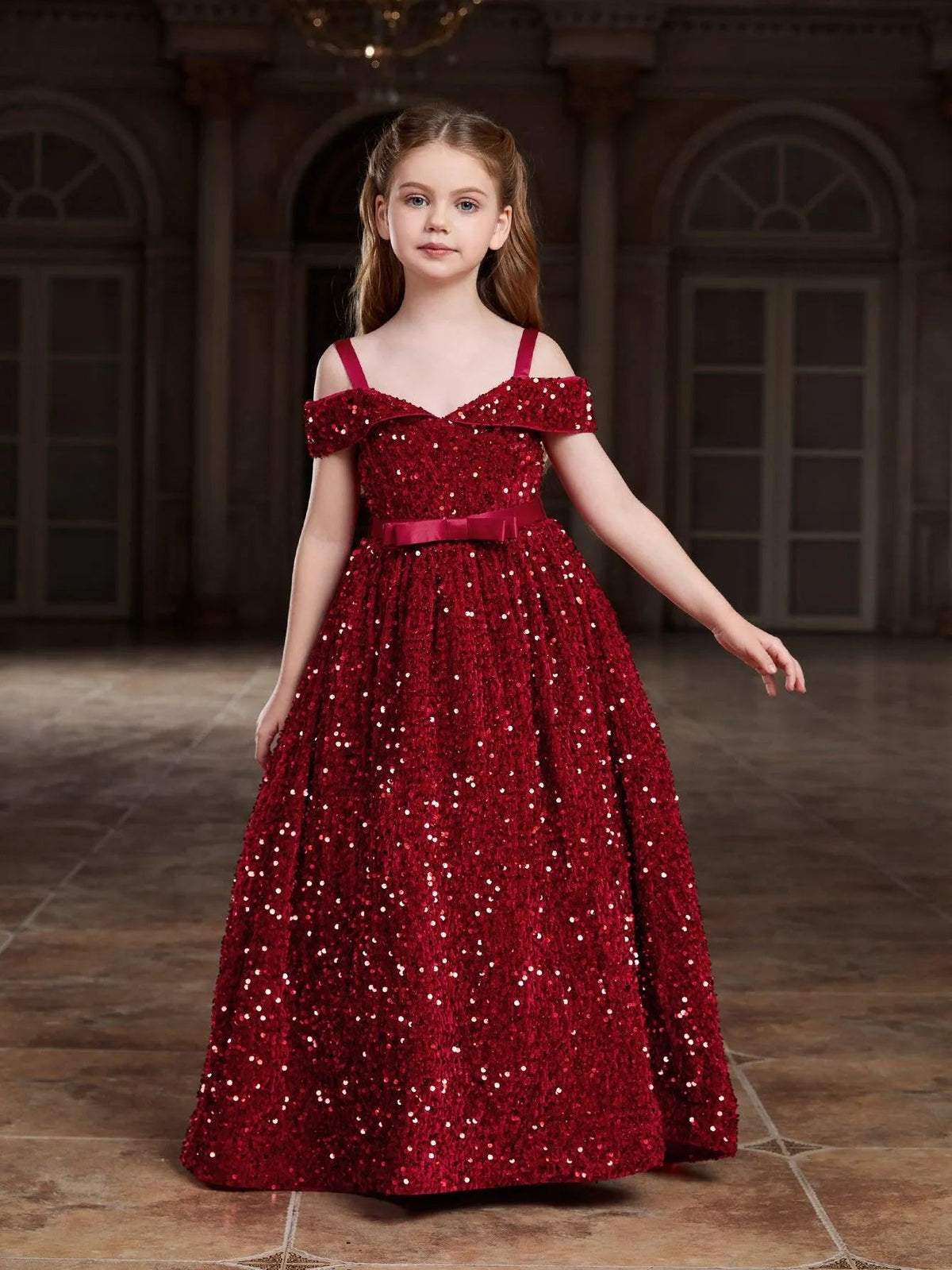 Alternate view of High-Low Hem Off-Shoulder Sequin A-Line Short-Sleeve Tween Girls' Party Dress in Red