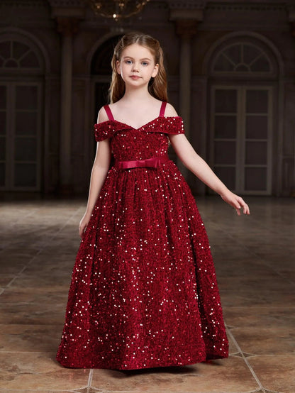 Alternate view of High-Low Hem Off-Shoulder Sequin A-Line Short-Sleeve Tween Girls' Party Dress in Red