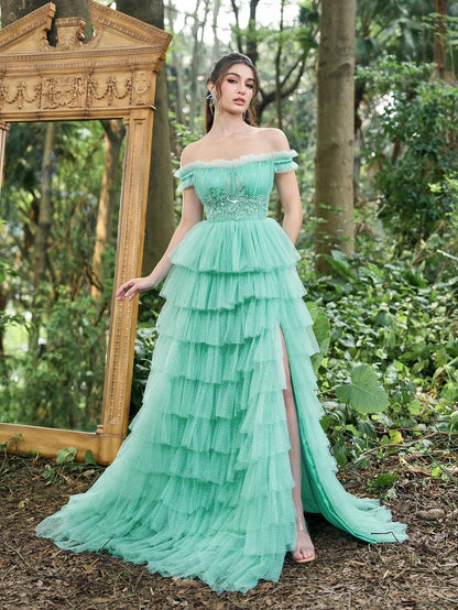 Gorgeous Off-Shoulder Applique Detail Bodice Cascading Ruffle Hem Prom Dress – view 3