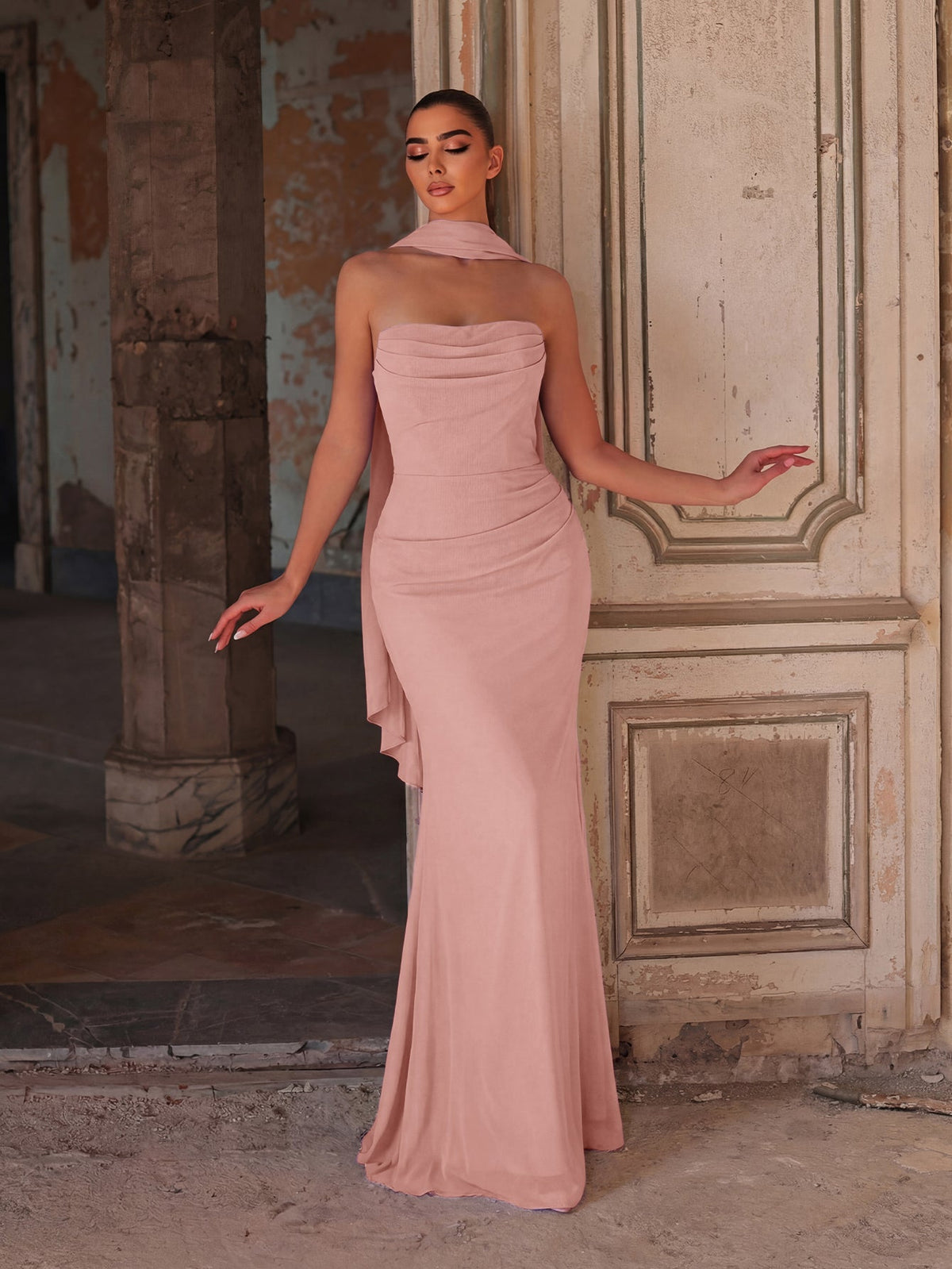 Alternate view of Backless Strapless Chiffon Mermaid Sleeveless Evening Gown in Pink