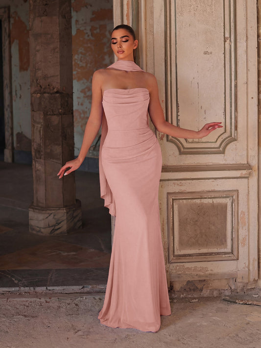 Alternate view of Backless Strapless Chiffon Mermaid Sleeveless Evening Gown in Pink