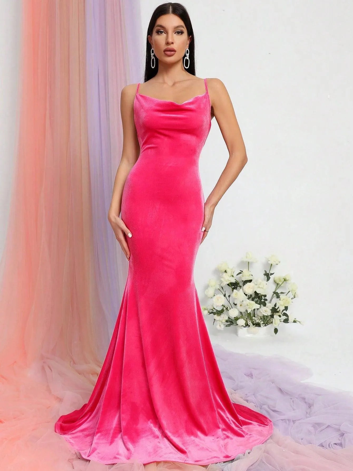 Alternate view of Cami Strap Velvet Backless Mermaid Sleeveless Evening Gown in Hot Pink
