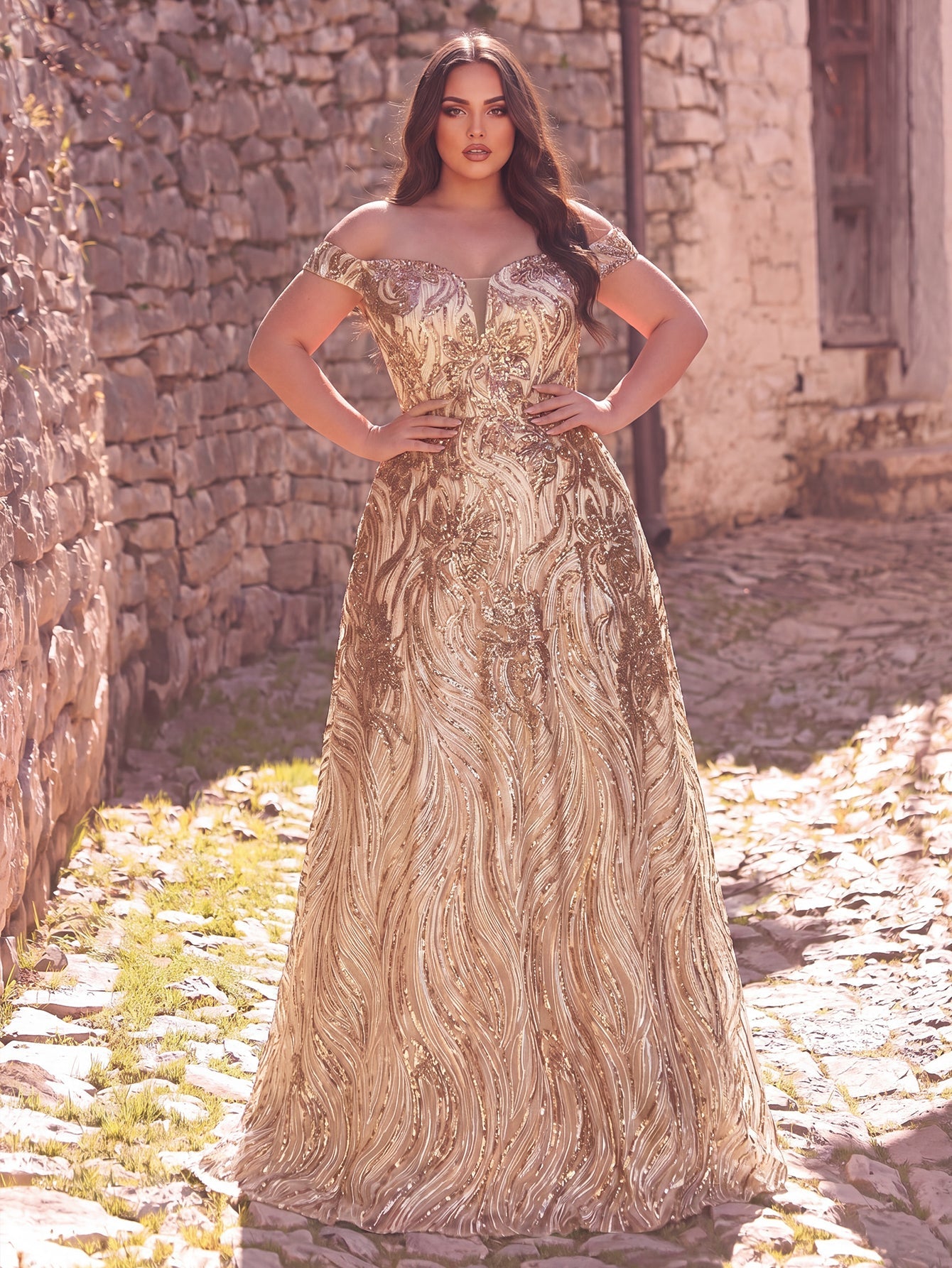 Plus-Size Off-Shoulder Graphic Sequin Formal Prom Evening Dress — authorized product image 1