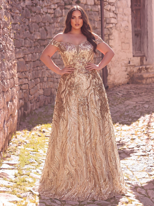 Plus-Size Off-Shoulder Graphic Sequin Formal Prom Evening Dress — authorized product image 1