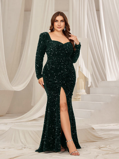 Plus Sweetheart Neck Split Thigh Sequin Formal Mermaid Dress