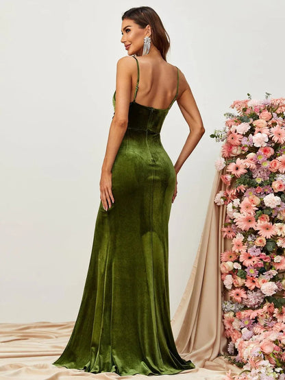 Additional product view of Spaghetti Strap Surplice-Neck Velvet High-Slit Mermaid Evening Gown