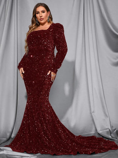 Plus Square Neck Mermaid Hem Sequin Maxi Dress