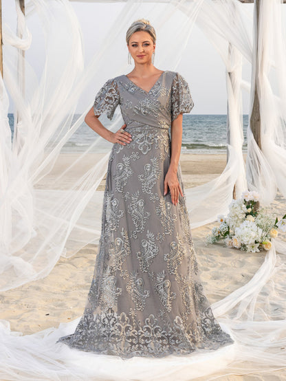Lace V-Neck Short-Sleeve A-Line Maxi Mother-of-the-Bride Dress in Grey