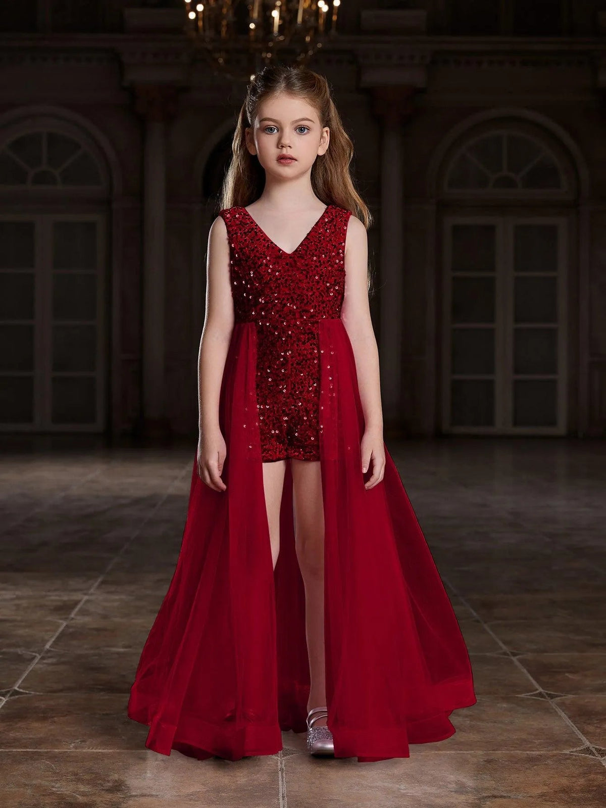 Additional product view of Mesh Overlay V-Neck Sequin Sleeveless Tween Girls' Formal Romper