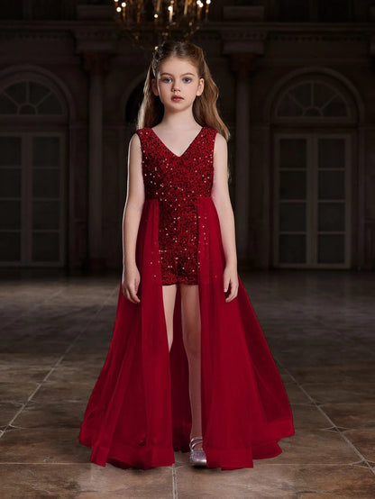 Additional product view of Mesh Overlay V-Neck Sequin Sleeveless Tween Girls' Formal Romper