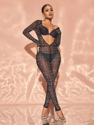 Plunging Tulle Long-Sleeve Formal Jumpsuit