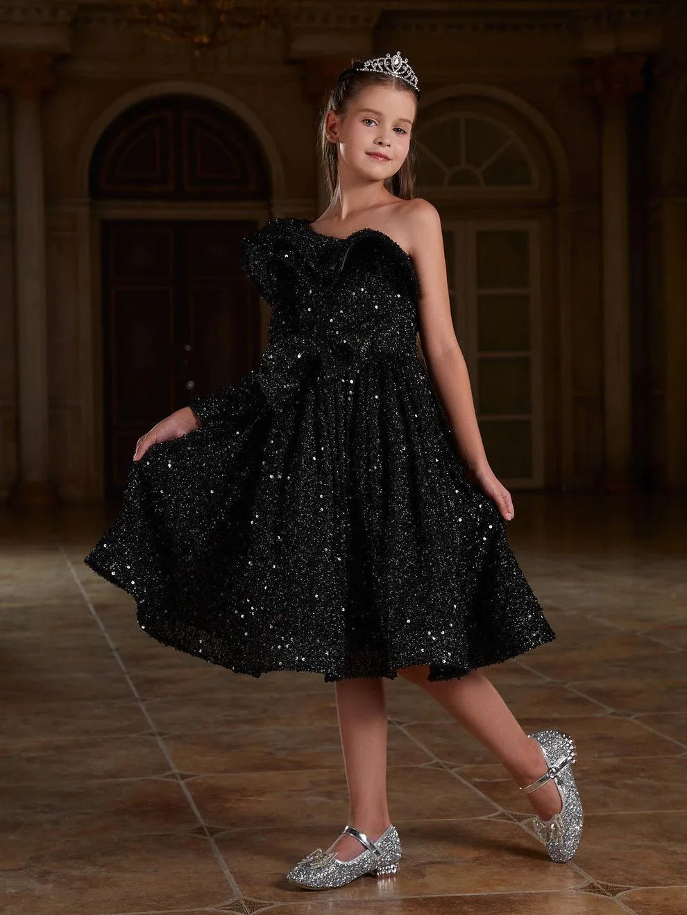 Additional product view of Ruffle Trim One-Shoulder Sequin A-Line Midi Tween Girls' Party Dress