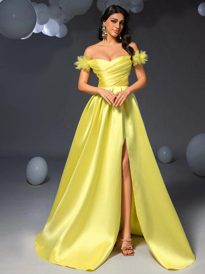 Red satin off-shoulder prom dress with floral appliques and high slit