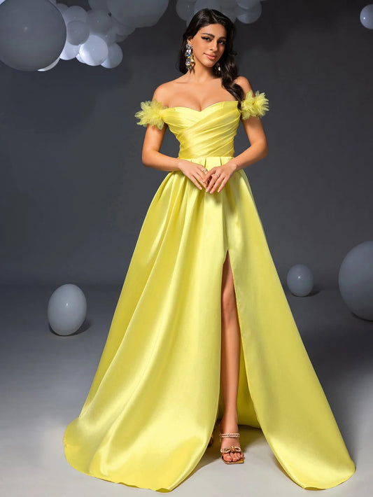 Red satin off-shoulder prom dress with floral appliques and high slit