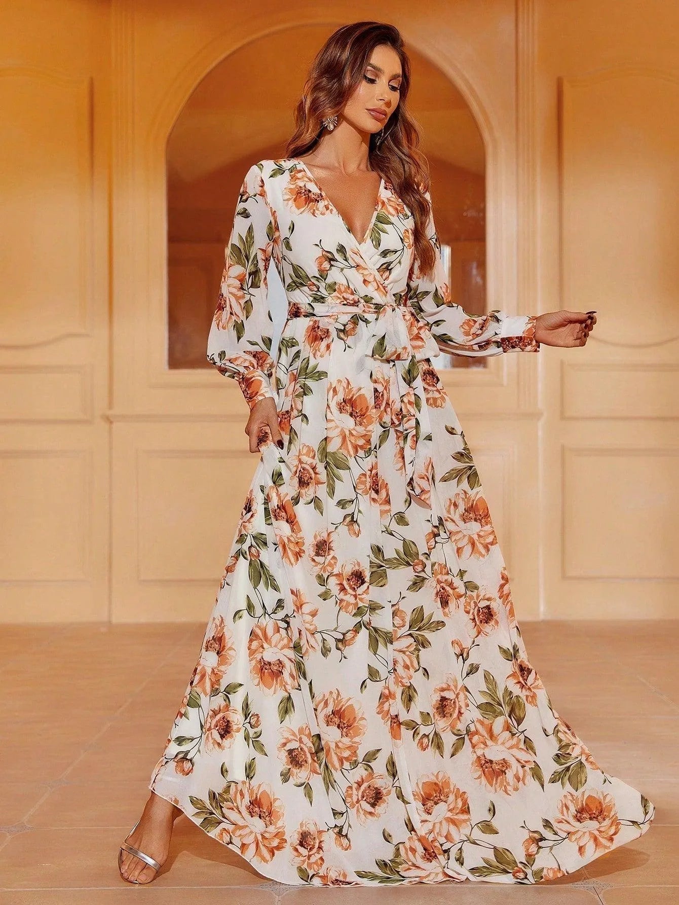 V-Neck Chiffon Floral Long-Sleeve A-Line Evening Gown — authorized product image 2