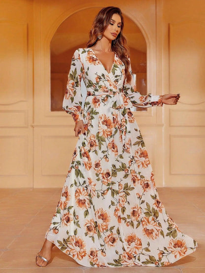 V-Neck Chiffon Floral Long-Sleeve A-Line Evening Gown — authorized product image 2