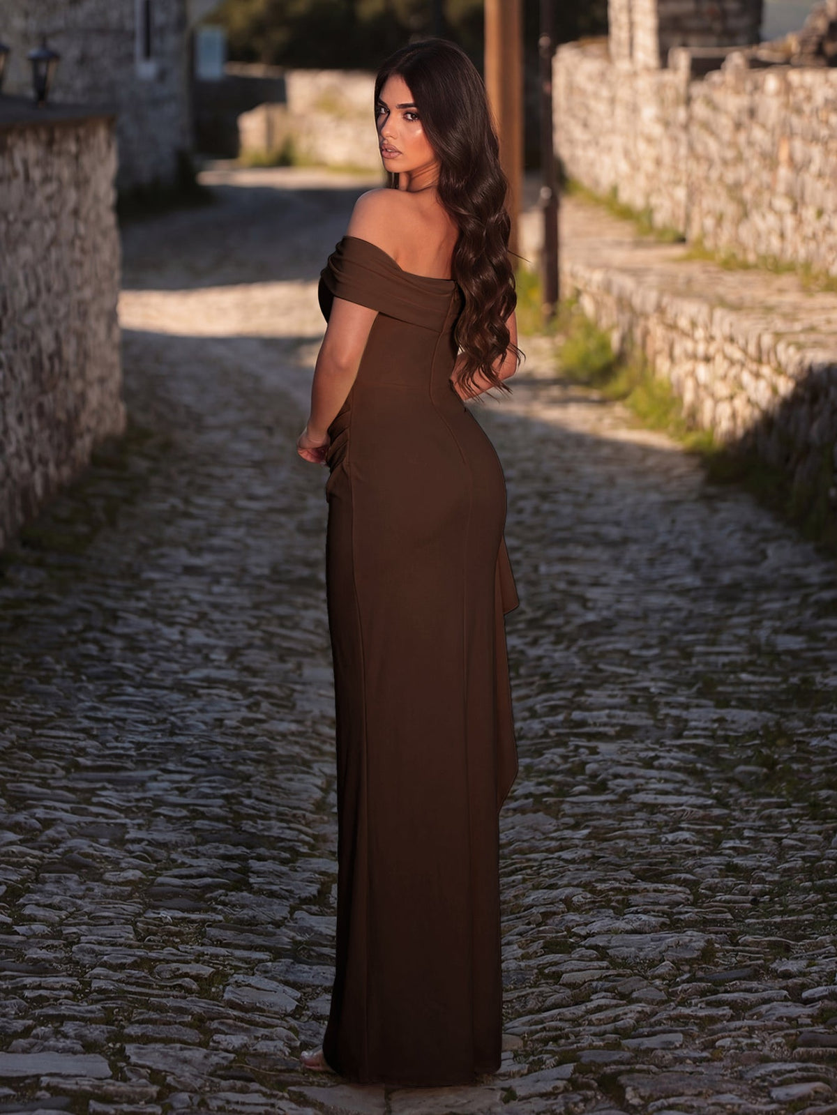 Additional product view of High-Slit Off-Shoulder Knit Bodycon Short-Sleeve Evening Gown